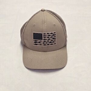 Columbia PFG Performance Fishing Hat Tan Mesh American Flag Fish Logo Cap L/XL